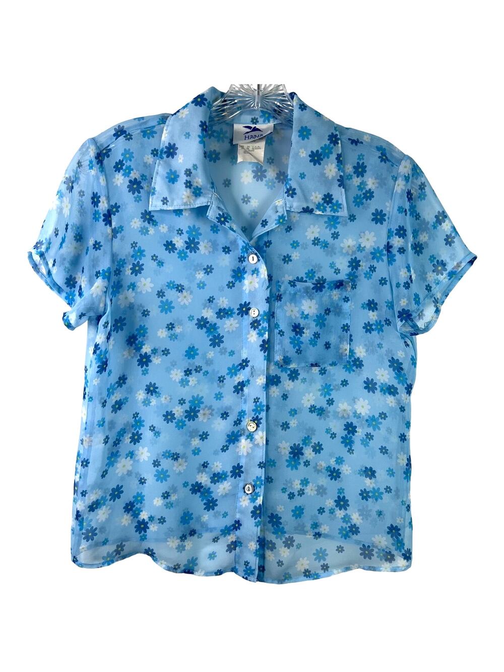 Hana Vintage Women's Sheer Blue Floral Top Button Down Whimsical Fairy Size M